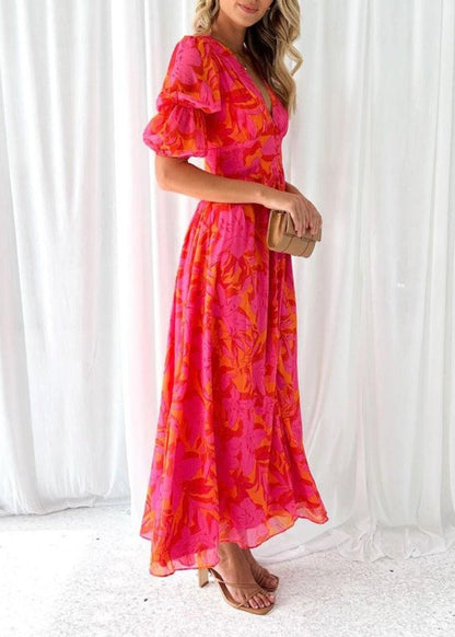 Roselyn | Elegant Red & Pink Maxi Dress