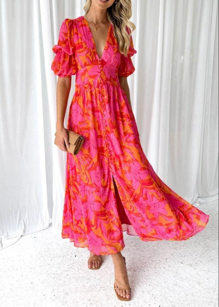 Roselyn | Elegant Red & Pink Maxi Dress